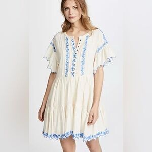Free People Santiago Embroidered Boho Mini Dress Ivory Blue Small NWT